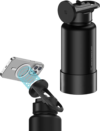 Scosche MFMS32 MagicMount Flask - Botella de agua de acero inoxidable de 32 onzas con soporte MagSafe para teléfono, 12 horas calientes y 24 horas