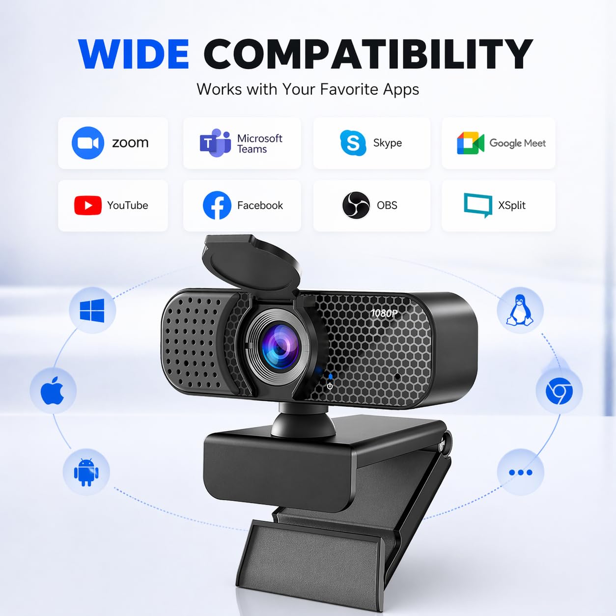Webcam USB 1080P con doppio microfono e copertura per la privacy, autofocus plug-and-play, grandangolo, luce bassa, clip regolabile e treppiede da 1/4", per Zoom/Teams/Google Meet/OBS su