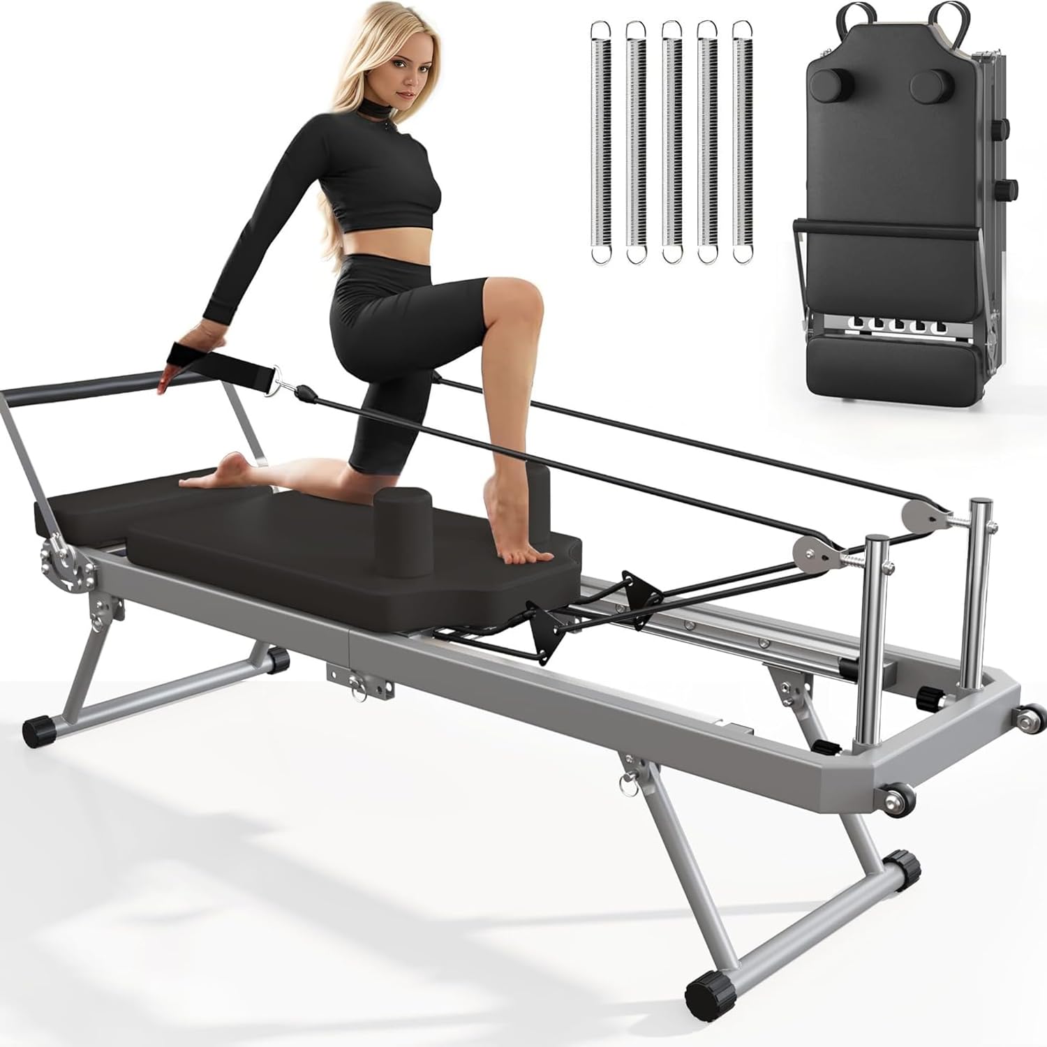 SogesPower Pilates Reformer Machine for Home Gym Workout, Foldable Pilates Equipment with High Strength Alloy Springs for Beginners, Up to 400lbs