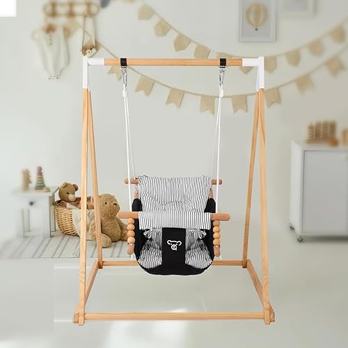 Miniatura 7 de Montessori - Juego de columpio y puente 2 en 1 para bebé, de madera con soporte para interiorexterior, puente y hamaca con arnés de 5 puntos,