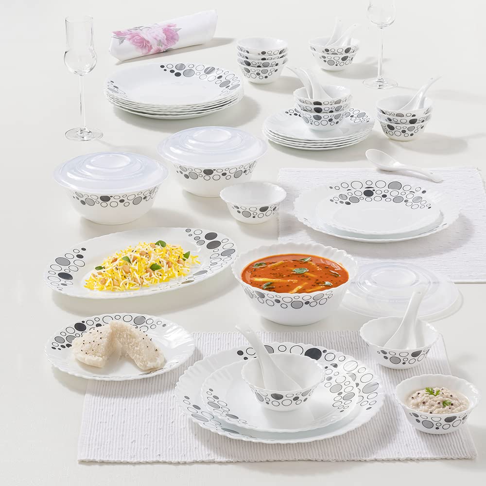 Larah by Borosil Luna Silk Series Opalware Dinner Set | 47 Pieces for Family of 8 | Microwave & Dishwasher Safe | Bone-Ash Free | Crockery Set for Dining & Gifting | Plates & Bowls | White (B0B422KXTM) Amazon Price History, Amazon Price Tracker