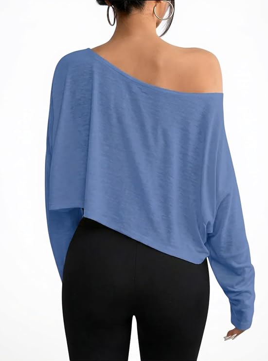 Women's Off Shoulder Mesh Crop Top Sheer See Through Long Sleeve Sexy Casual Outfit for Spring Fall