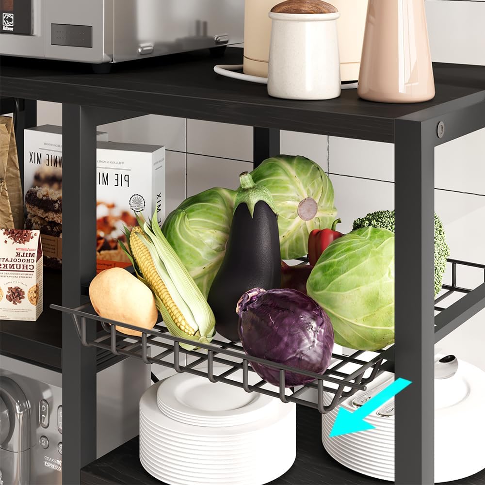 Black Industrial Bakers Rack with Power Outlet and Wire Drawer