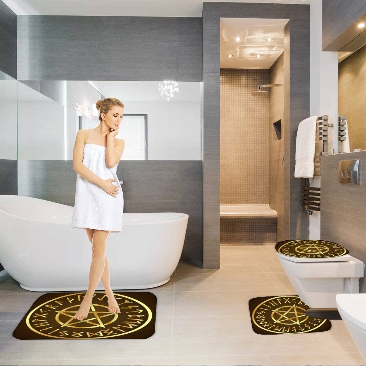 Genérico Alfombra de baño, alfombras de baño Negras escandinavas, Alfombra de baño de Lujo de Microfibra, Juego de alfombras absorbentes, Alfombrillas de baño vikingas Vintage, Alfombrilla de pedesta