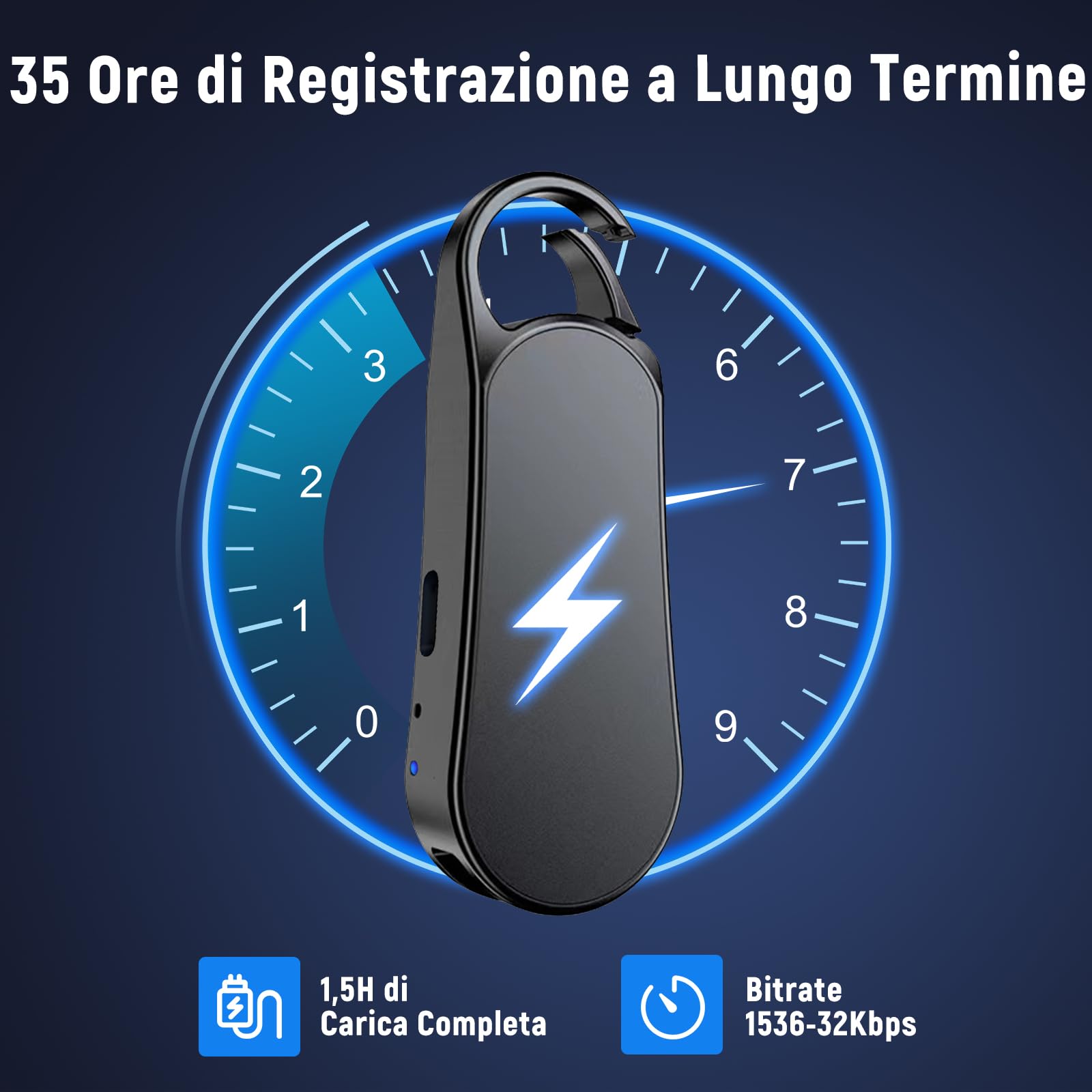 64GB Registratore Vocale Mini–Design a Portachiavi, 35 Ore di Registrazione, Custodia in Metallo, Audio Hi-Fi 1536KBPS, Registrazione con un Solo Tasto, Registratore Attivato per Riunioni