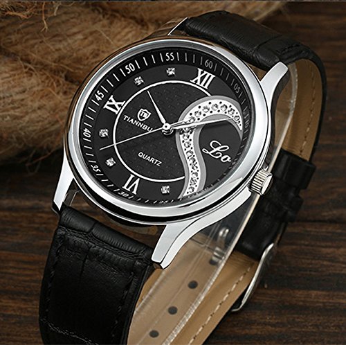 Juego de 2 relojes de pulsera analógicos de cuarzo para hombre y mujer de San Valentín, para amantes, Cuero negro 2