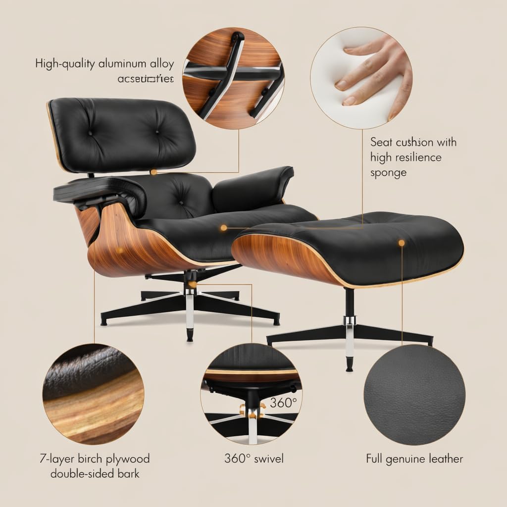 Top Black Grain Leather, Mid Century Chaise Lounge Chair and Ottoman, Modern Chair Classic Design, Heavy Duty Base Support for Living Room Office
