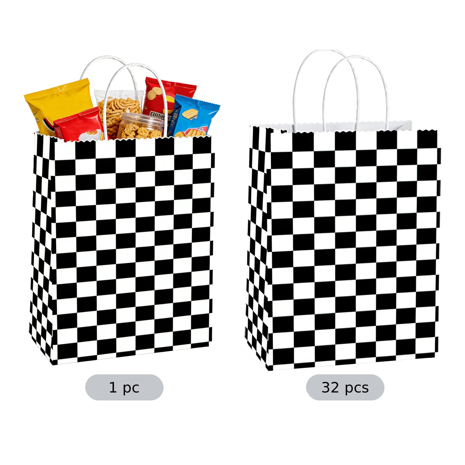 Lot de 32 sacs cadeaux à damier, sacs en papier noir et blanc avec poignées, 22 x 16 x 8 cm, pour fêtes voitures de course, anniversaires, mariages, bonbons, friandises et petits cadeaux
