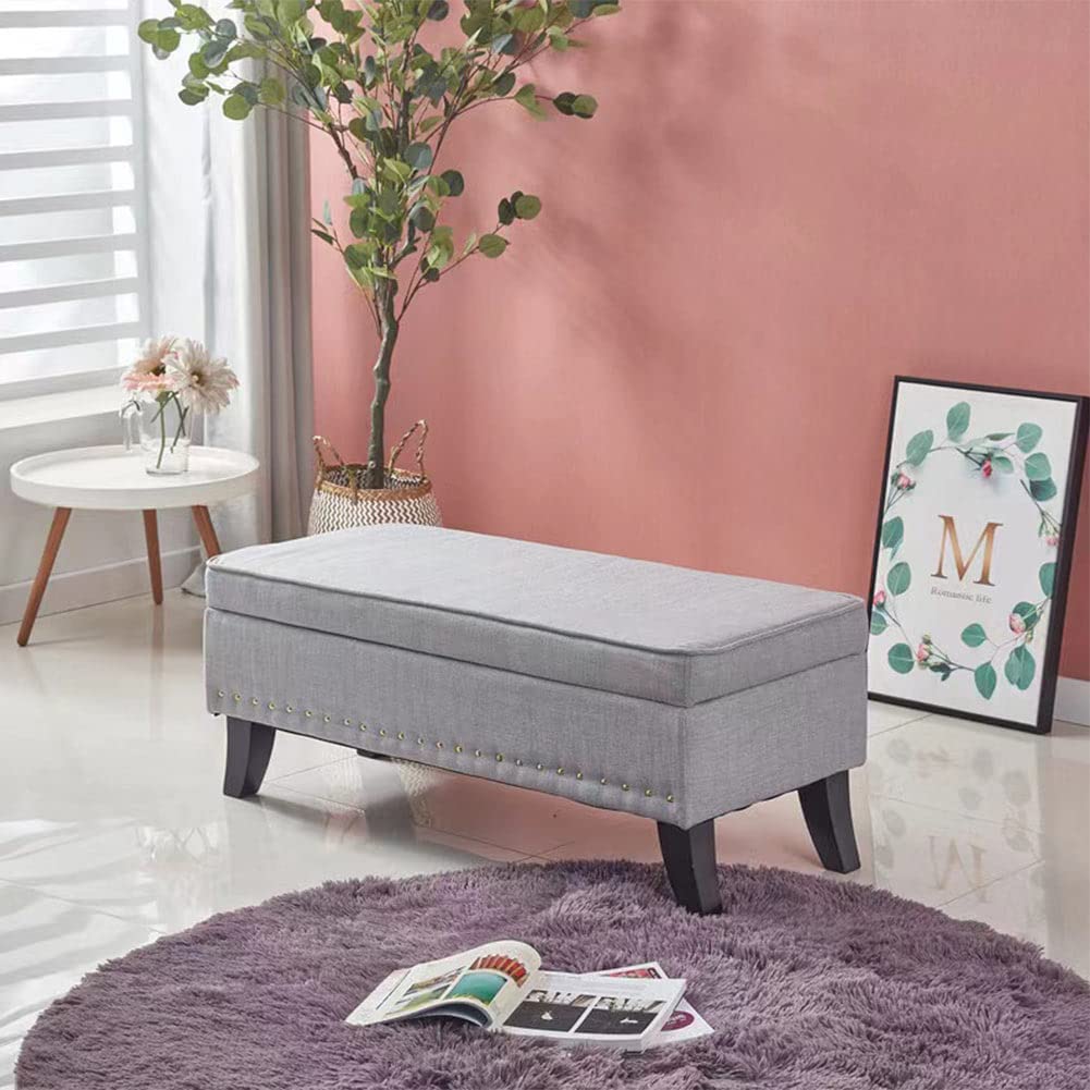 BAKAJI Puf - Baúl para Banco y reposapiés, para Dormitorio, Revestimiento de Tela, Rectangular, Suave, Espacioso, con Estructura de Madera, 80 x 45 cm (Gris)