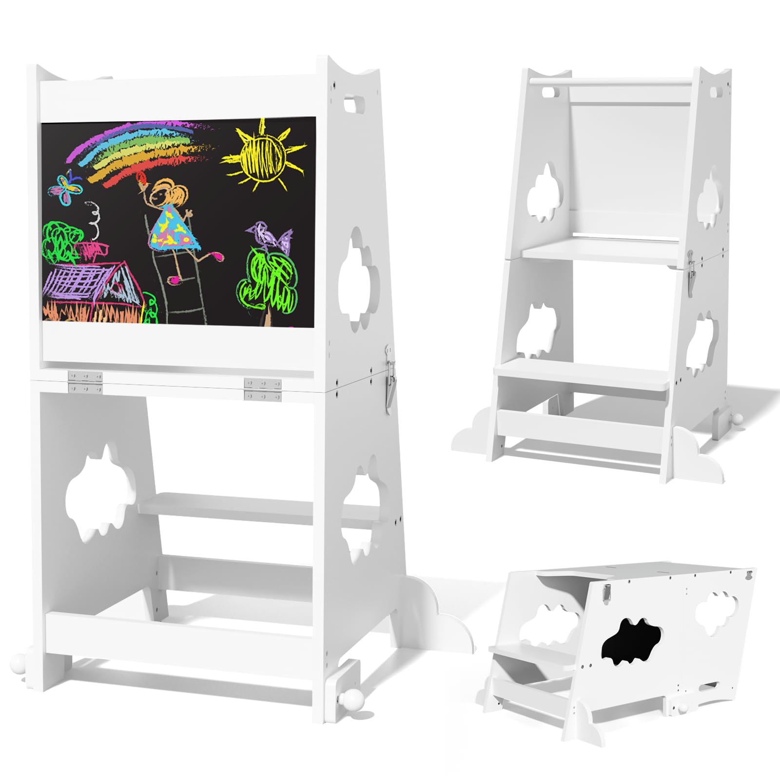 KIDINIX Lernturm ab 1 Jahr, 3 in 1 Montessori Learning Tower mit Sicherheitsgeländer und Tafel, Klappbarer Lernstuhl Kinder mit Tischfunktion für Küche, Bad, Weiß