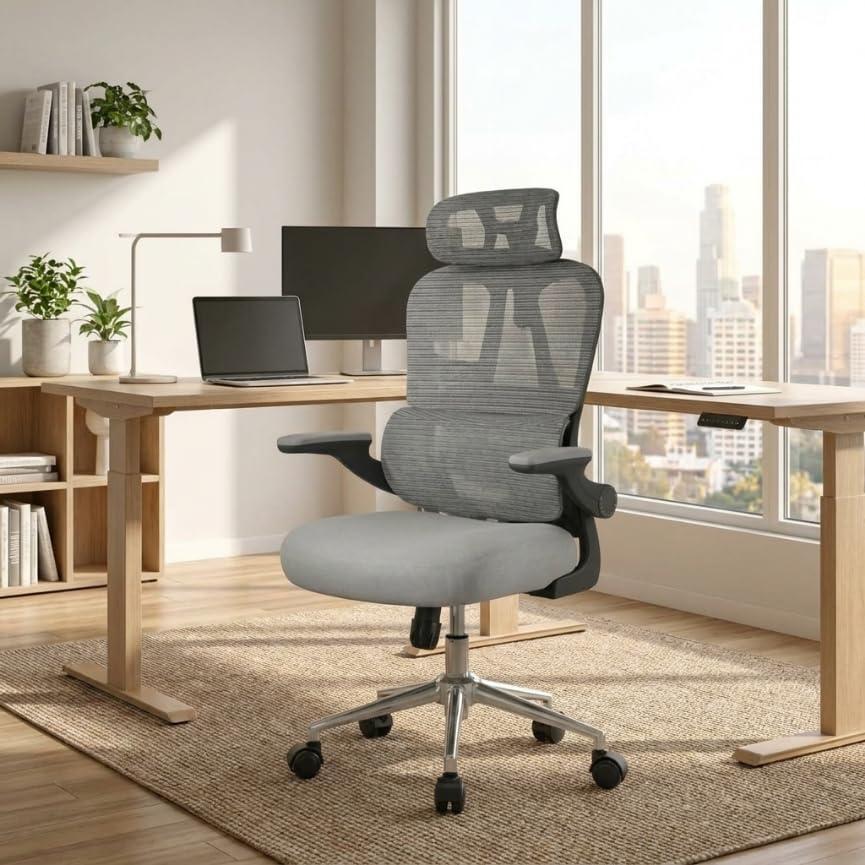 FLEXISPOT Ergonomic Office Chair, 2D Armrests Desk Chair with Adjustable Backrest, Ergonomic Lumbar Support, Sponge Cuishion Seat - Swivel Chair with Wheels, Grey