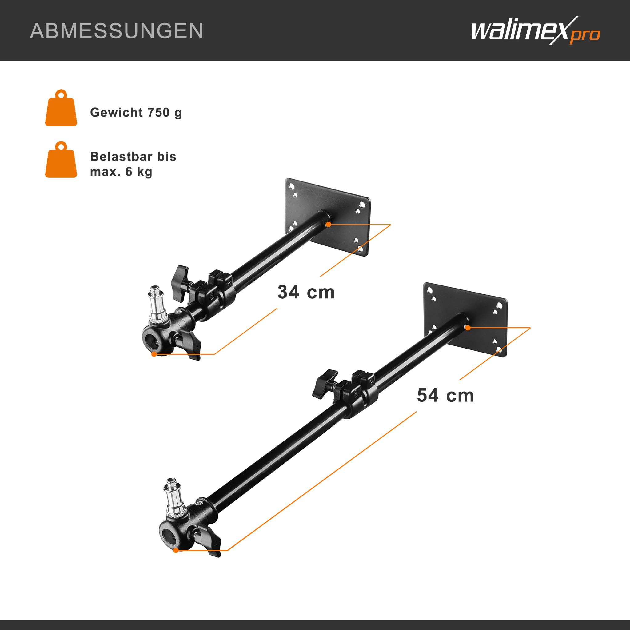 Walimex pro Deckenstativ 34-54 cm, Lichtstativ mit doppelseitigem 5/8" Spigot, Auslegerarm Halterung mit 1/4" u. 3/8" Gewinde, Lampenstativ belastbar bis 6 kg ideal für Videoleuchte, Softbox u. Kamera
