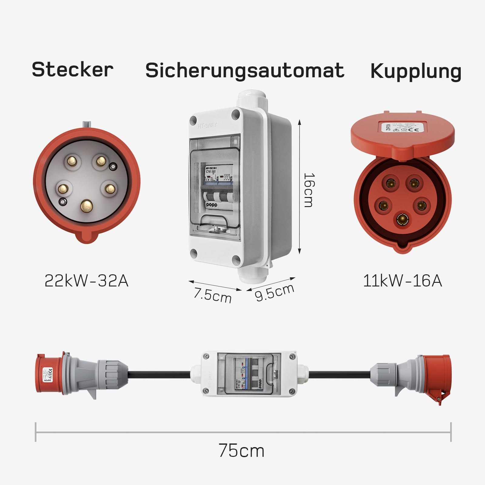CEE Adapter 32A Stecker auf 16A Kupplung 3-phasig 400V 5-polig Starkstrom IP44