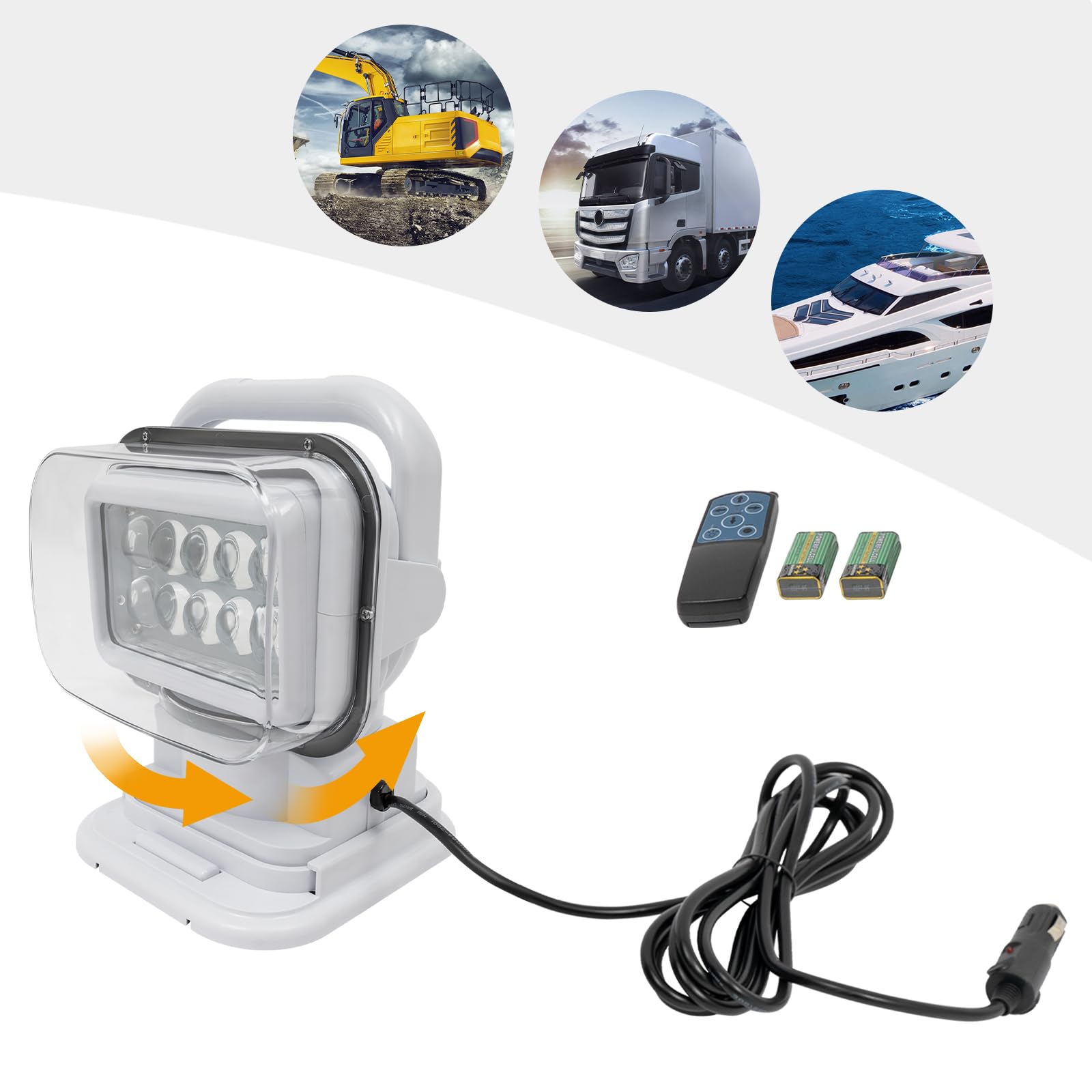Foco LED de trabajo, luz de trabajo, mando a distancia, giratorio, 50 W, para camping, exteriores, barcos, coches, iluminación de 600 m, color blanco
