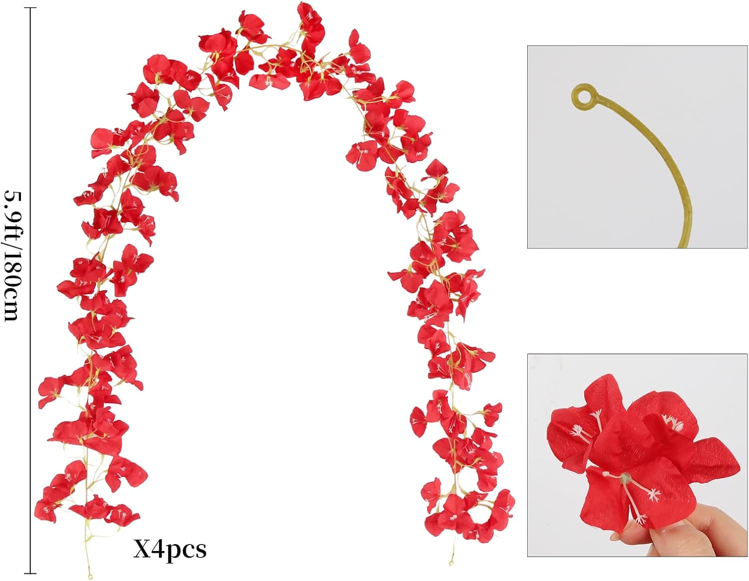 4PCS Red Bougainvillea Artificial Flowers Garland 5.9ft Faux Bougainvillea Vine Silk Fake Bougainvillea Wreaths for Outdoor Wedding Arch Backdrops Home Table Decor (Red)