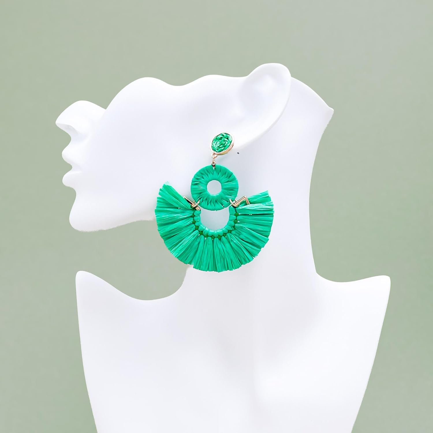 Viva Joya Large Boho Raffia Fan Tassel Drop Dangle Earrings for Women, Handmade Lightweight Woven Beach Statement Jewelry - Image 5