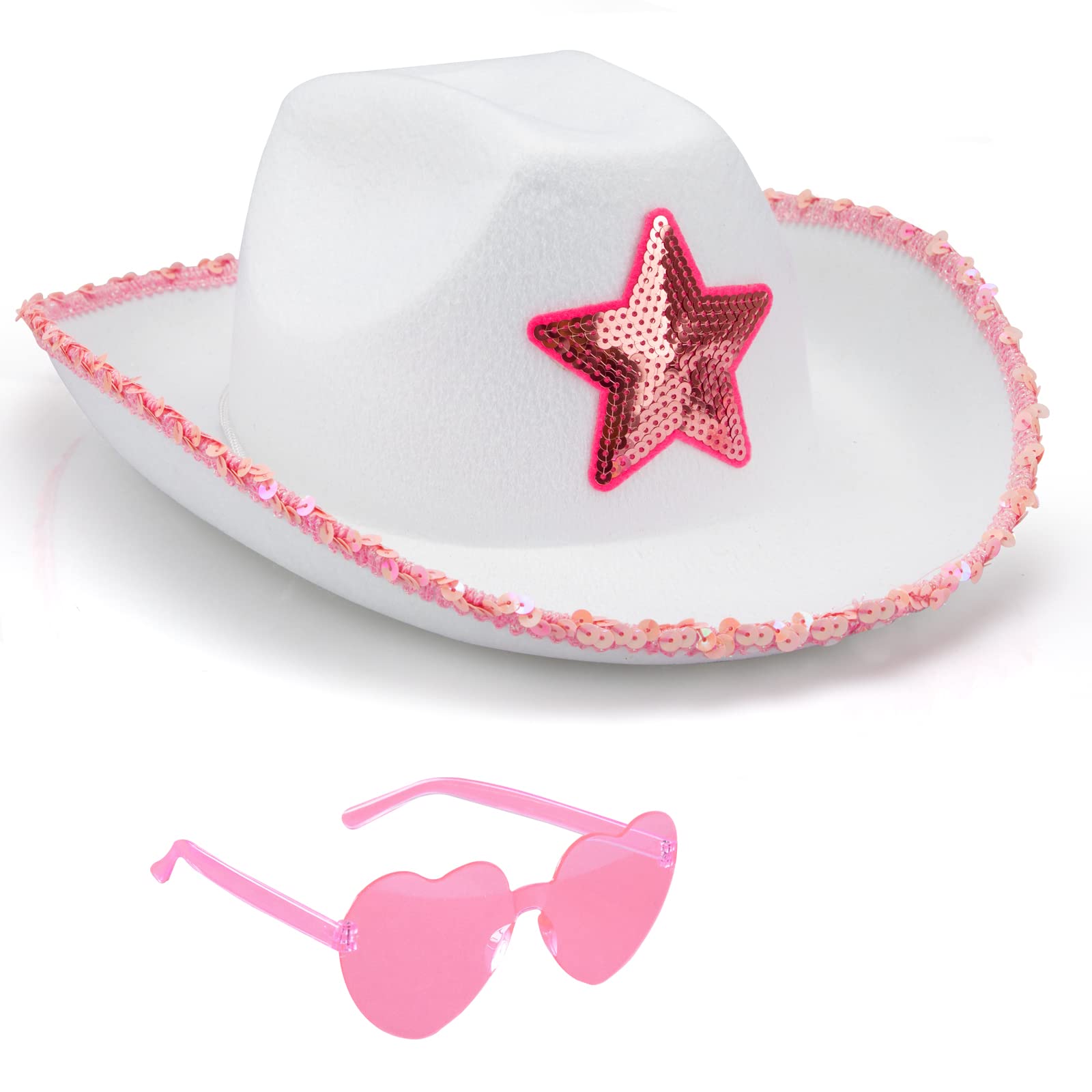Silom Sombrero de vaquero occidental de Halloween, disfraz de vaquero, sombrero, sombrero de vaquera, sombrero de vaquera para mujer, hombre, adulto, sombrero de vaquera con gafas de corazón, vestido