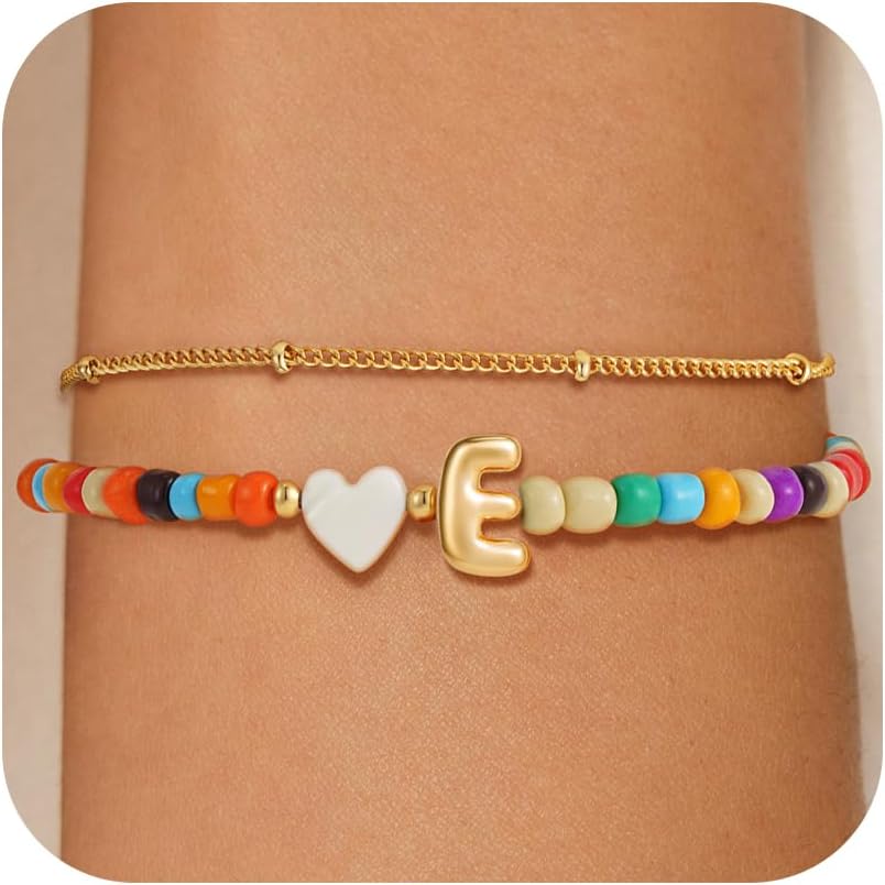Easter Gifts for Kids Girls - Colorful Initial Bracelets for Women 14K Gold Plated Heart Initial Letter Daint A-Z Charm Bracelet Summer Jewelry Teen Girl Gifts for Teen Kids