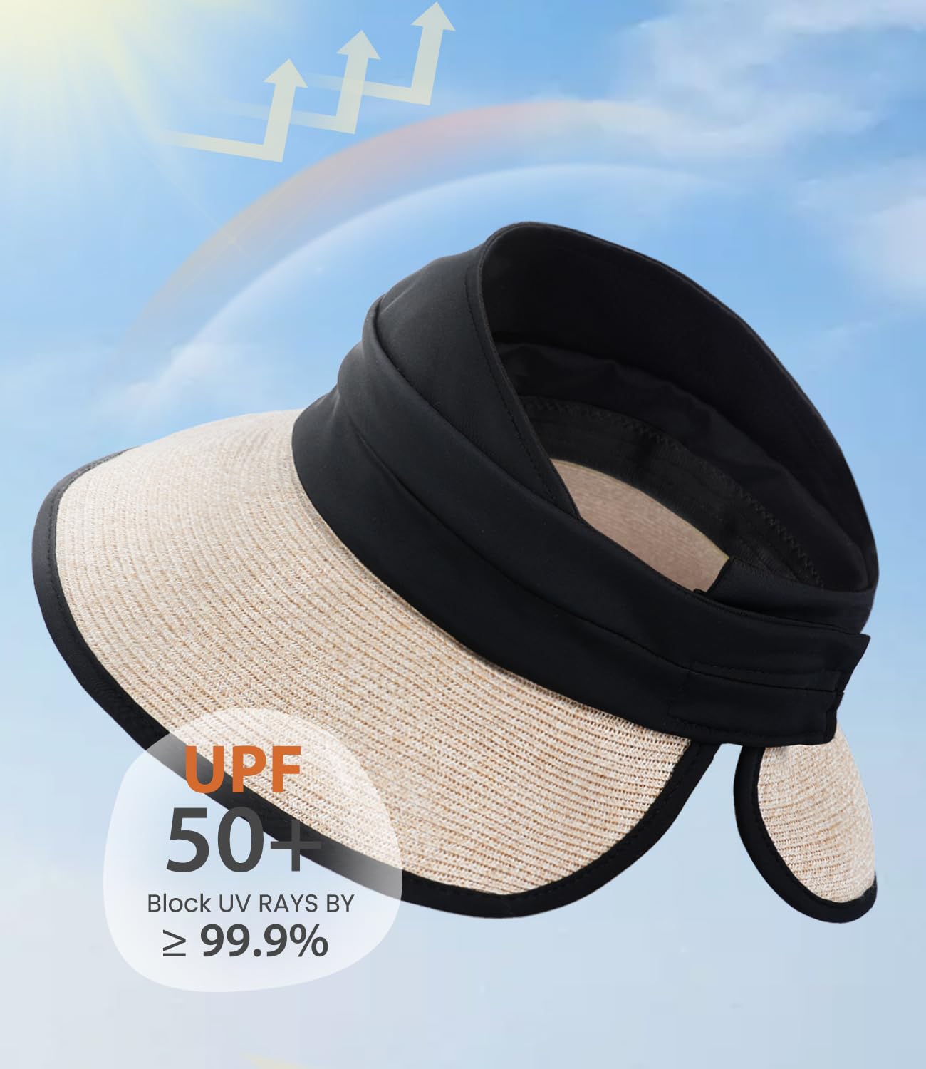 Creekstone Cappello da donna con visiera parasole, visiera in paglia da spiaggia, UPF 50+, ripiegabile, cappello da sole a coda di cavallo per viaggi estivi