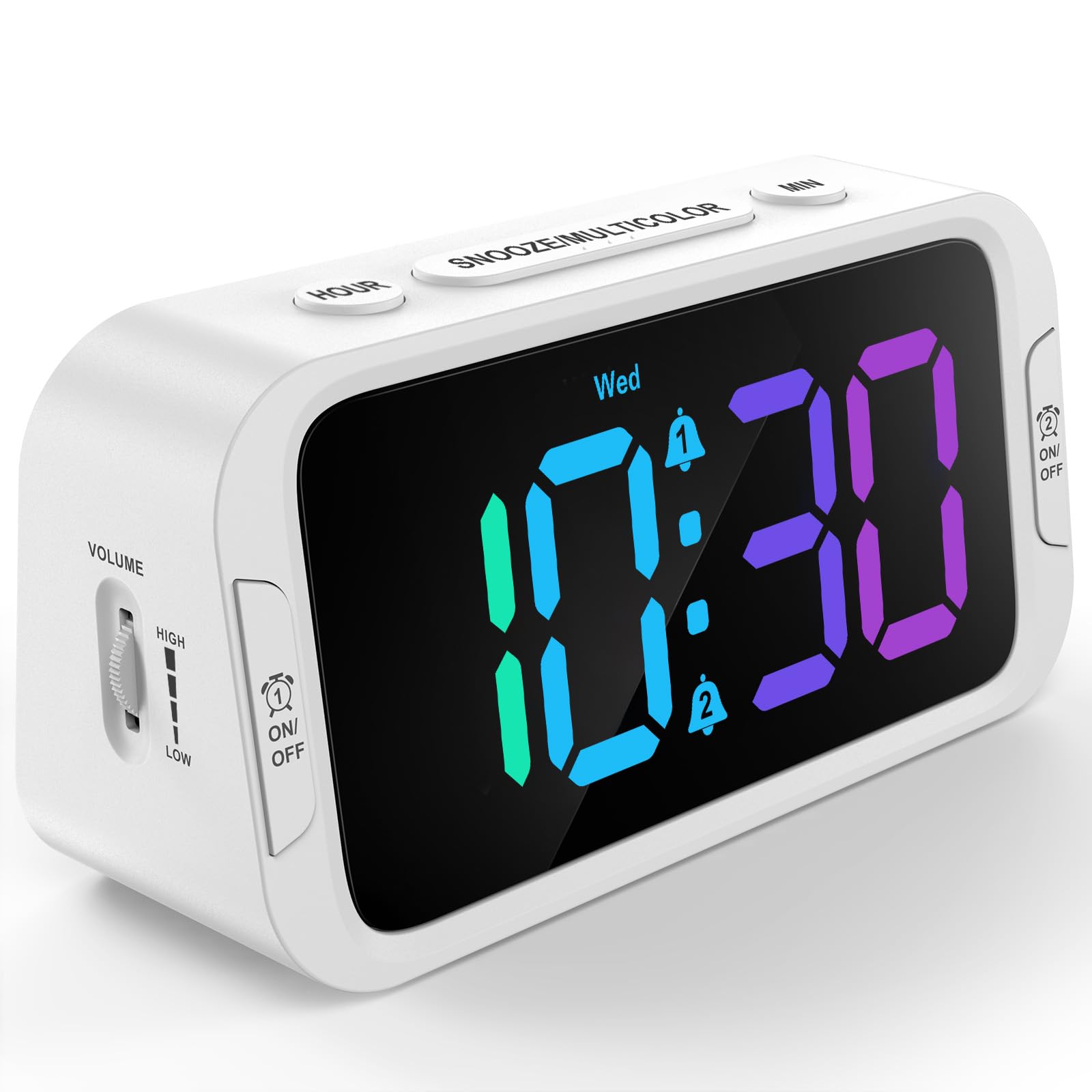 Dual Colorful Alarm Clock for Kids Bedroom - 0-100% Dimmer, 5 Alarm Sounds, USB Charger, Easy to Set, Weekday/Weekend Mode, Snooze, 12/24Hr, Battery Backup, Digital Clock for Teens Boys Bedside