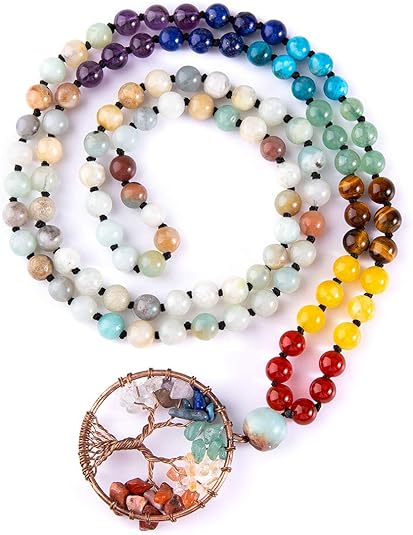 Bivei 108 Mala Beads Necklace Life Tree 7 Chakra Wrap Bracelet Real Healing Gems