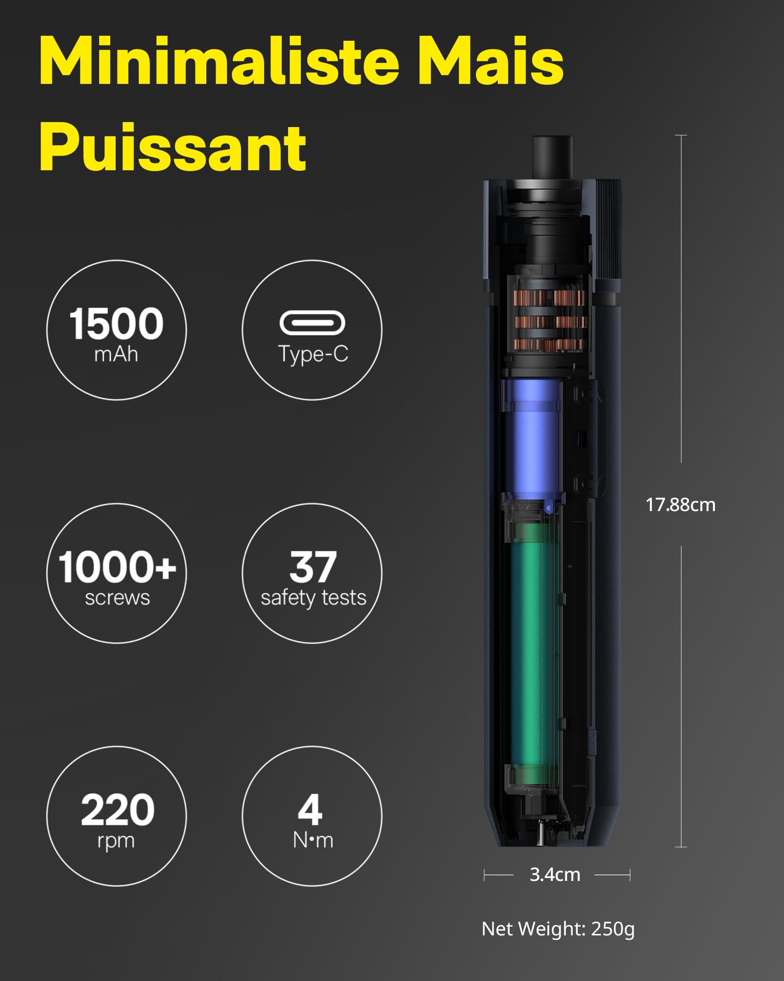 HOTO Visseuse sans Fil 3,6V, Tournevis Electrique 4N.m, 12 Embouts en Acier S2, Conception Tout-en-un, Charge Type C, Lumière LED sans Ombre, 3 Réglages du Couple, Batterie 1500 mAh