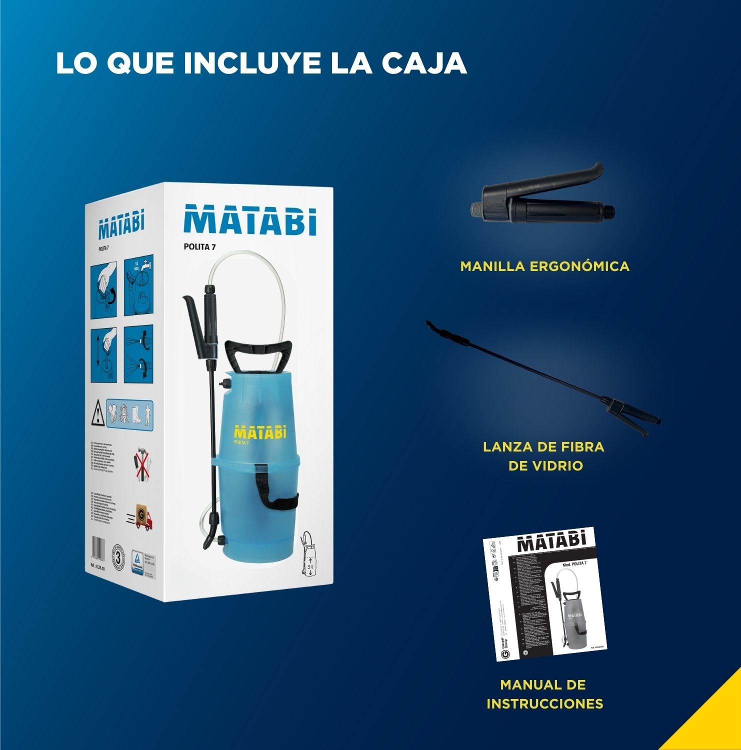 Matabi Polita 7 - Pulverizador Manual de Previa Presión - Capacidad 5L - Ideal para Jardinería, Huerto y Plantas - Boquilla Regulable y Lanza de Fibra de Vidrio - Depósito Translúcido