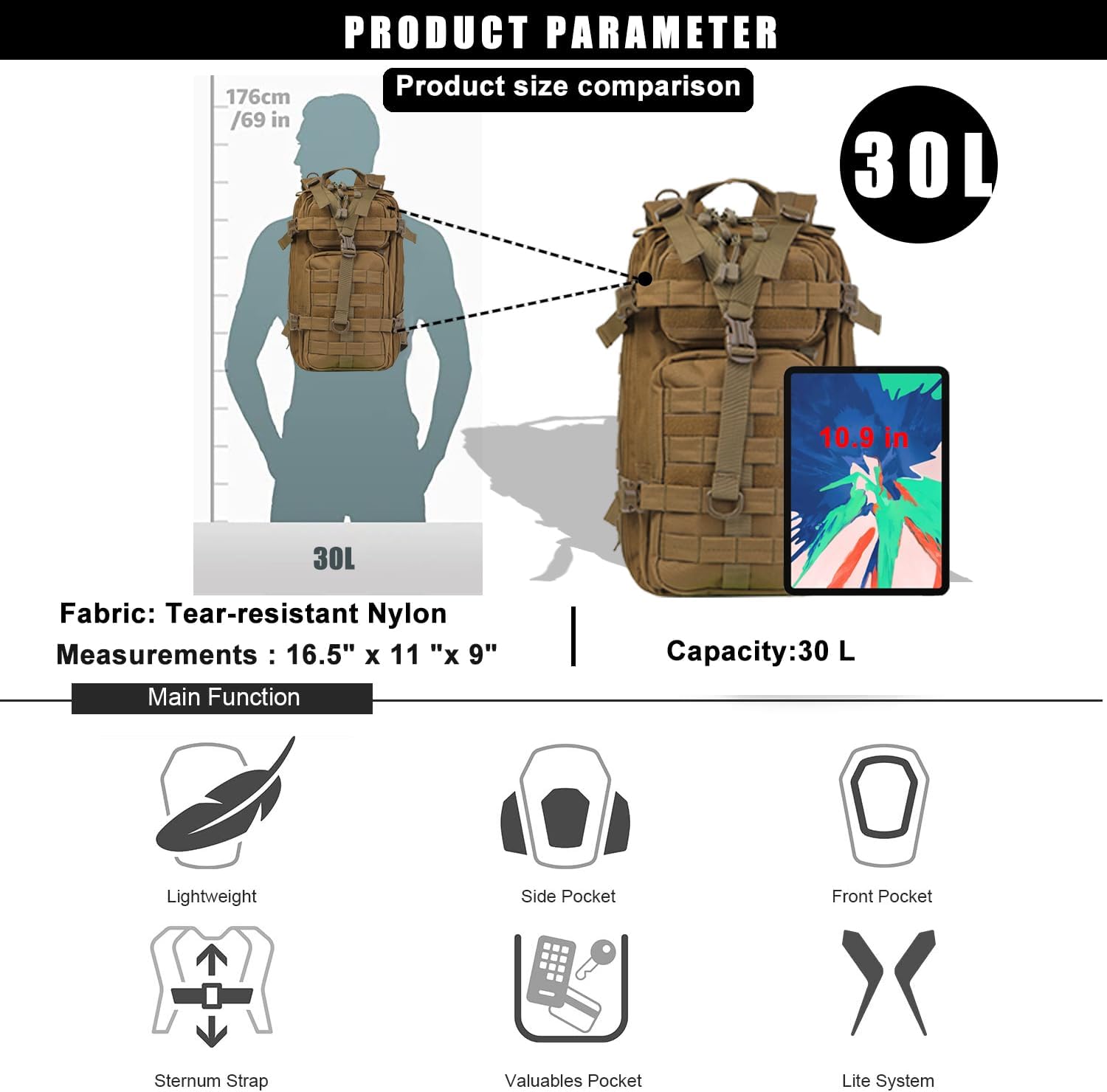 Miramrax Small Tactical Backpack Military Daypack - 30L Backpack for Men Molle Assault Pack Bug Out Bag for Hiking Camping Travel Army Hunting Rucksack Trekking (Coyote)