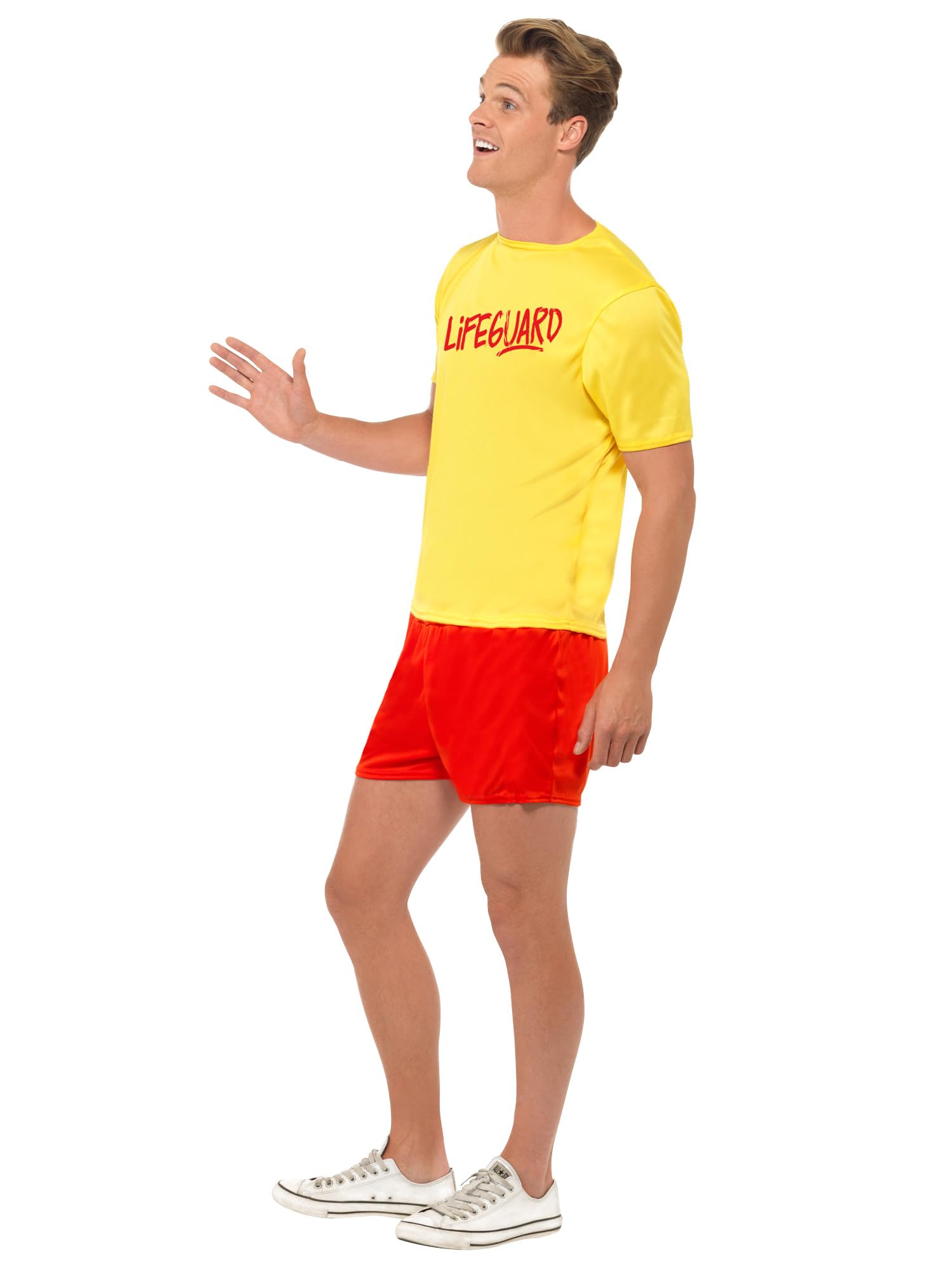 Smiffys Men’s Lifeguard Beach Costume, Yellow T-Shirt with Red Logo & Matching Red Shorts - Image 2