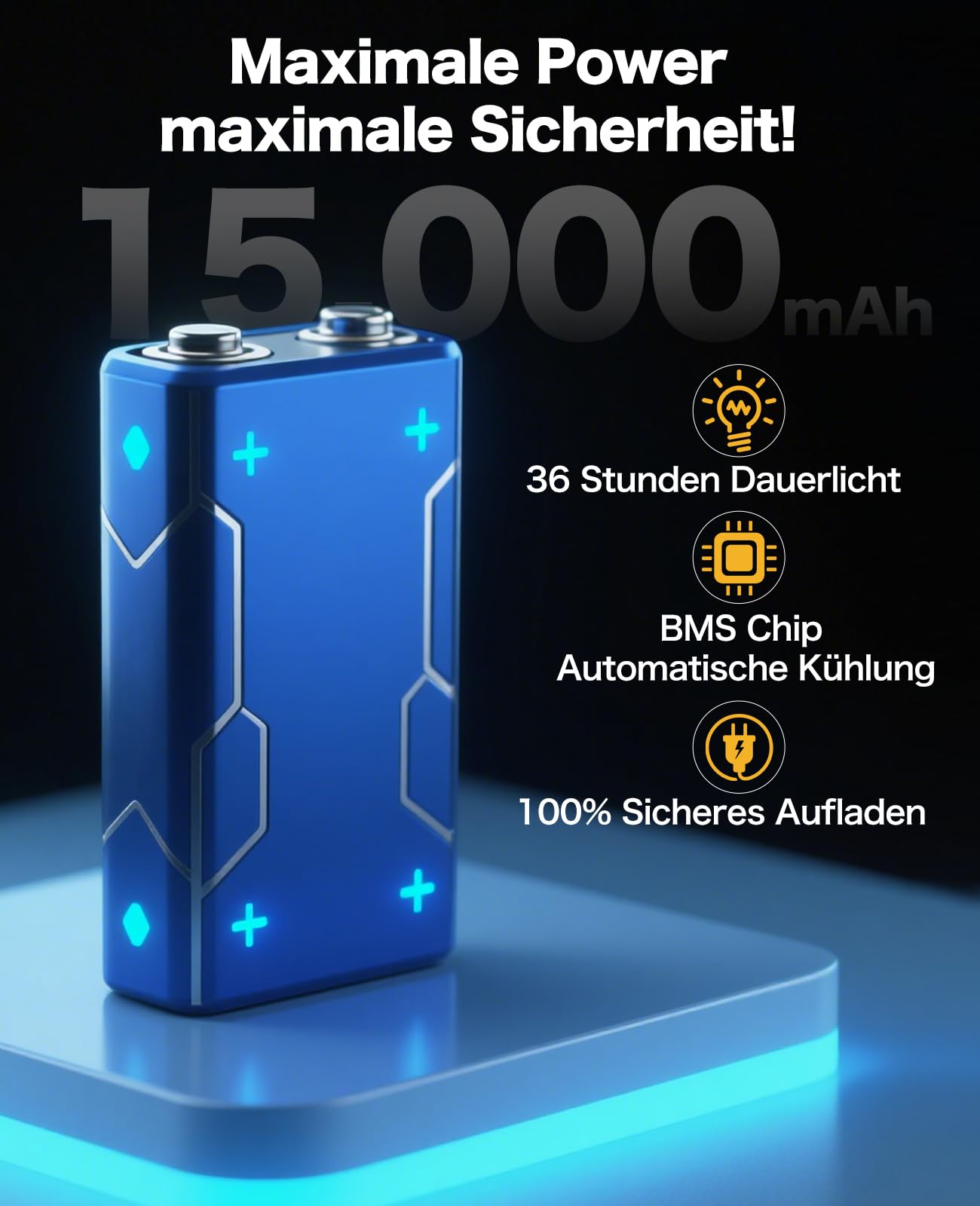 Led Baustrahler Akku 4 Modi Arbeitsleuchte 18000LM 15000mAh USB-Wiederaufladbar mit 132*COB-Chips, IP65 Wasserdicht Led Strahler, Campinglampe Tragbar für Werkstatt oder Baustelle, Garage