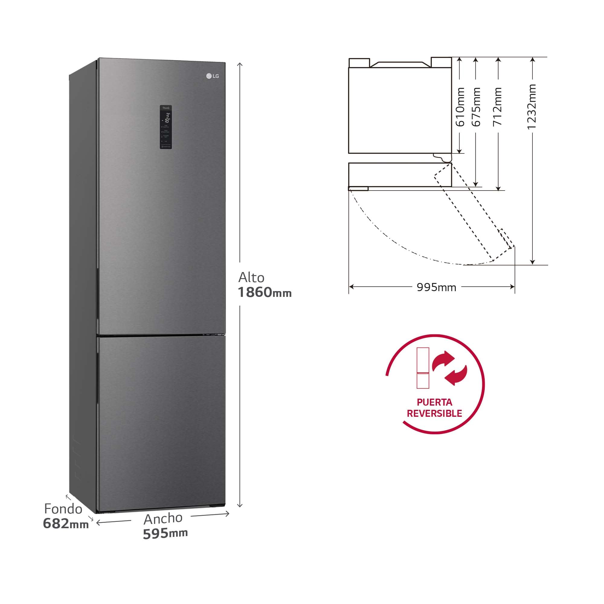LG GBP61DSXGC - Frigorífico Combi No Frost, Congelador, Compresor Smart Inverter, Color Inox Antihuellas, 186 cm, 341 l
