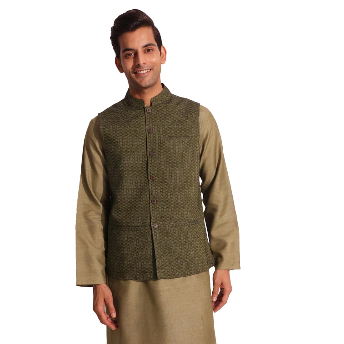 Men Cotton Green Self Design Chinese Collar Regular Fit Nehru Jacket-image-13