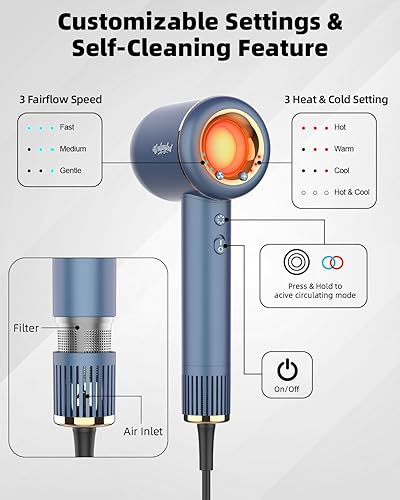 Miniatura 4 de Secador de pelo iónico con difusor para cabello rizado, secador de pelo con 2 accesorios magnéticos, secador de pelo portátil de 110.000 rpm, motor