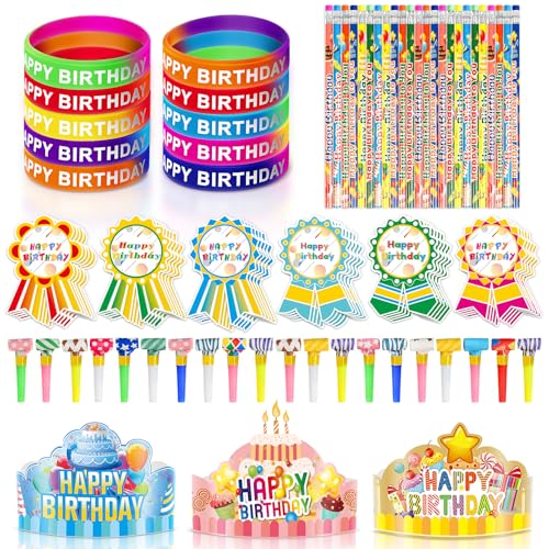 150 Pcs Happy Birthday Kits for Kids Classroom, Include Crowns, Silicone Stretches, Toy Whistles, Badge Stickers, Students Kindergarten Birthday Party Hats for School Teacher Classroom Party Supplies