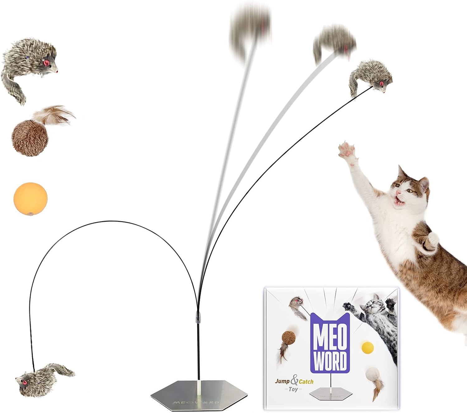 MEOWORD 2022 Interactive Jump to Catch Cat Toy, 33" Long String Cat Wand Toy, Spring Spinning Cat Toy, with 3 Replacements, Simulated…