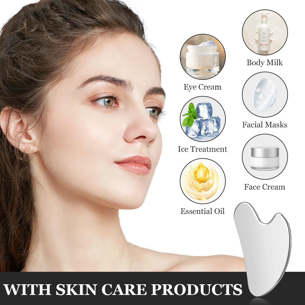 URAQT Gua Sha narzędzie do masażu, deska Gua Sha ze stali nierdzewnej, narzędzie do twarzy Gua Sha, do rzeźbienia szczęk i redukcji obrzęków, metalowa Gua Sha do masażu twarzy