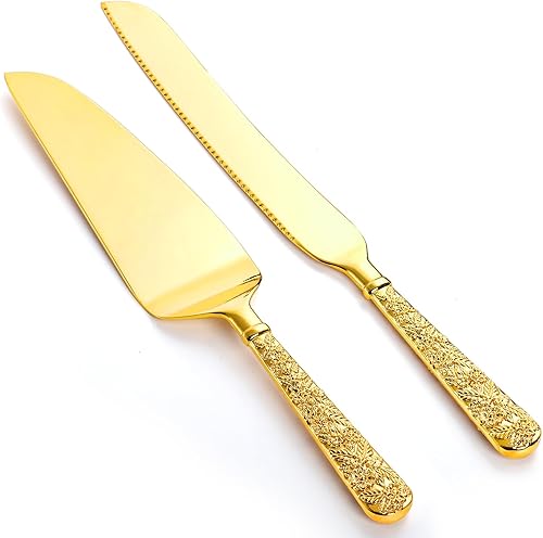 Dicunoy Juego de 2 cuchillos y servidores dorados para tartas de boda, cortador de pastel grabado vintage y espátula para servir para cumpleaños,