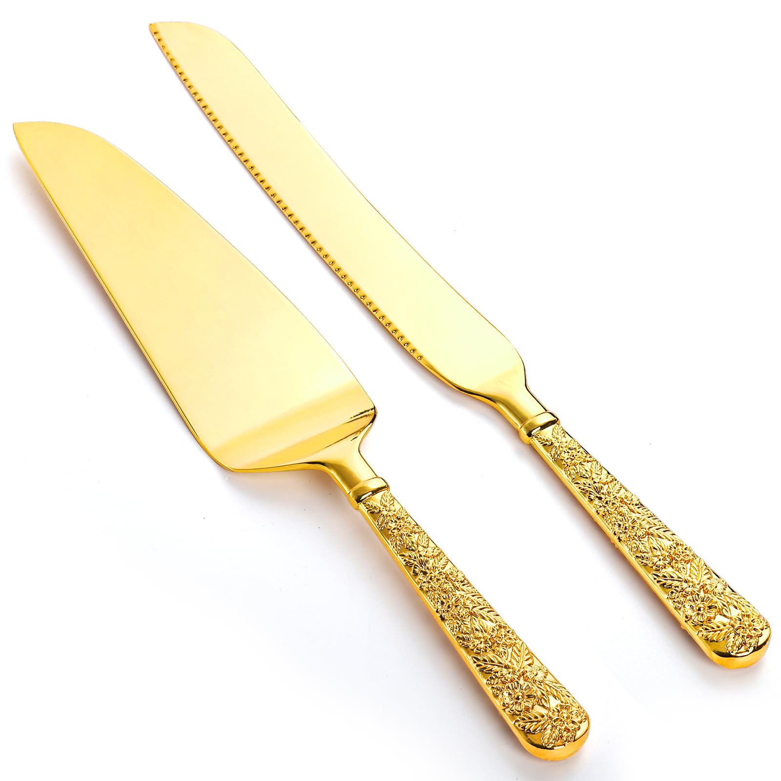 Dicunoy 2 PCS Gold Cake Knife and Server Set, Wedding Cake Cutting Utensils, Vintage Engraved Birthday Cake Knife, Cake Cutter and Serving Spatula for Birthday, Party, Anniversary