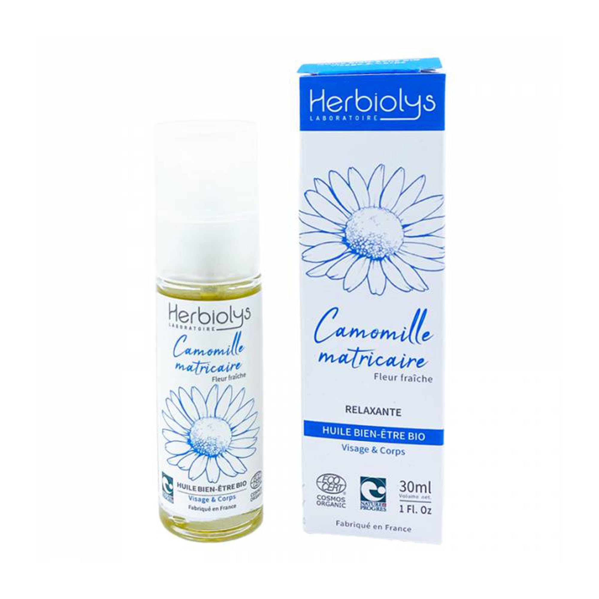 Herbiolys | Huile végétale Bio | Huile Bien-être | Camomille matricaire (Relaxante) | Visage & Corps | 30 ml