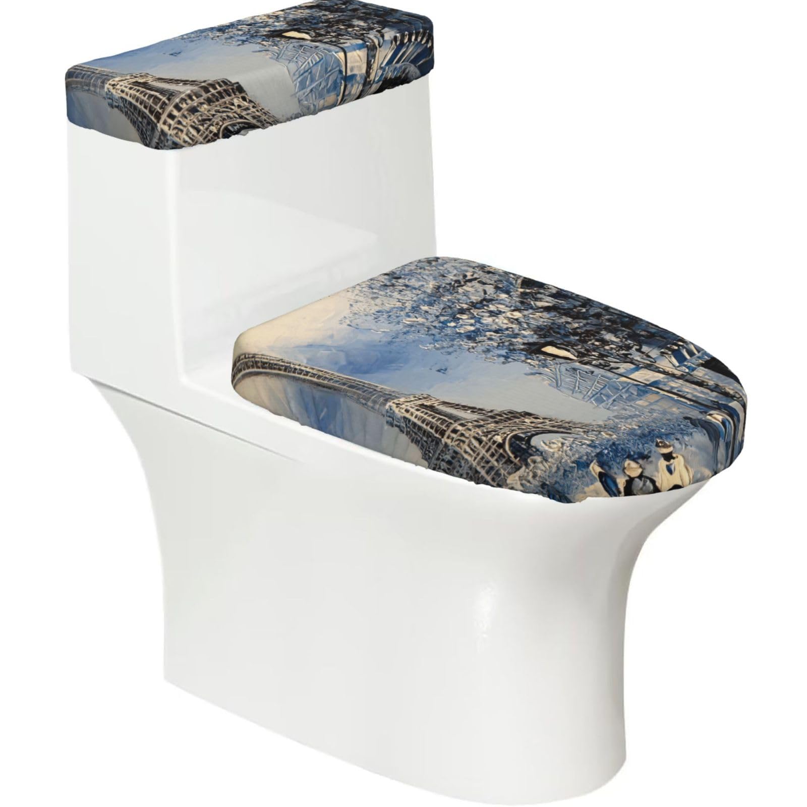 Romantic Paris Eiffel Tower Print 2-Piece Stretch Toilet Cover Set, Elastic Breathable Toilet Seat and Tank Lid Protector