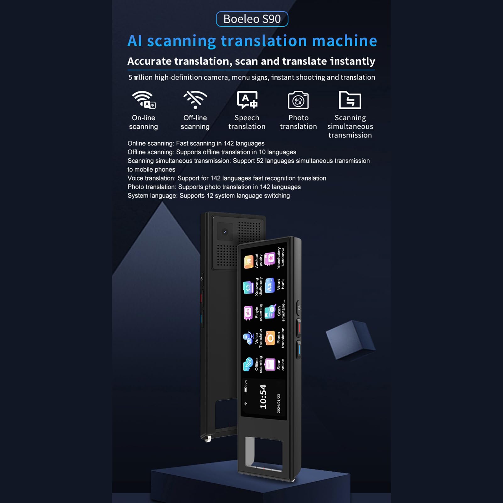 Scansione penna di traduzione per 142 lingue con scanner OCR touchscreen da 5 pollici, sintesi vocale e dizionario elettronico, 10 lingue offline per studenti, dislessia, viaggi e
