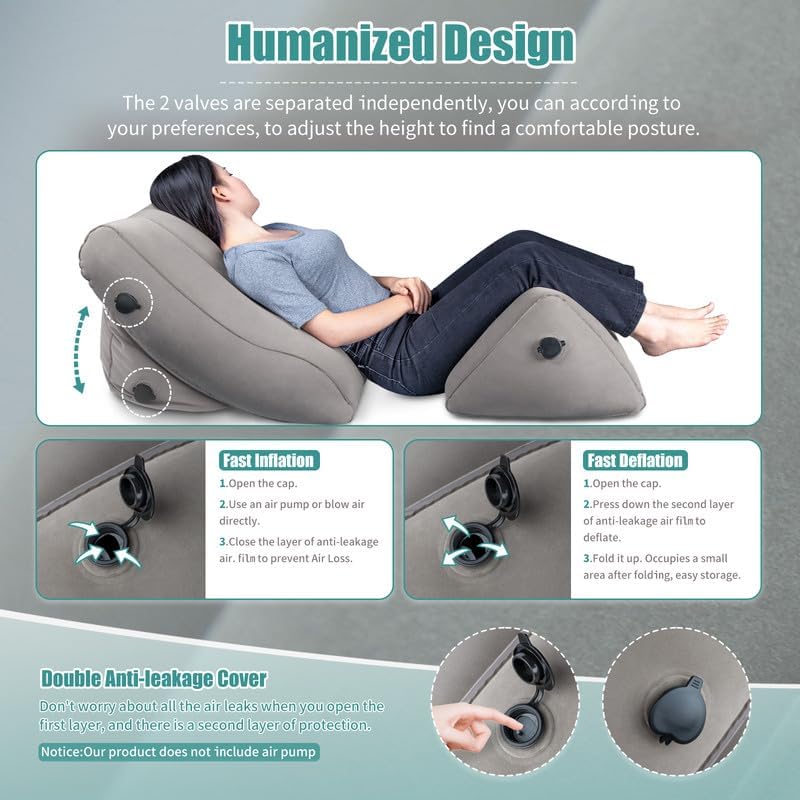 SAHEYER Inflatable Bed Wedge Pillow Set, 2 PCS Post Surgery Support Pillow for Back, Knees, Leg Pain Relief, Adjustable Sitting Pillows for Anti Snoring, Heartburn, GERD Sleeping (Grey)