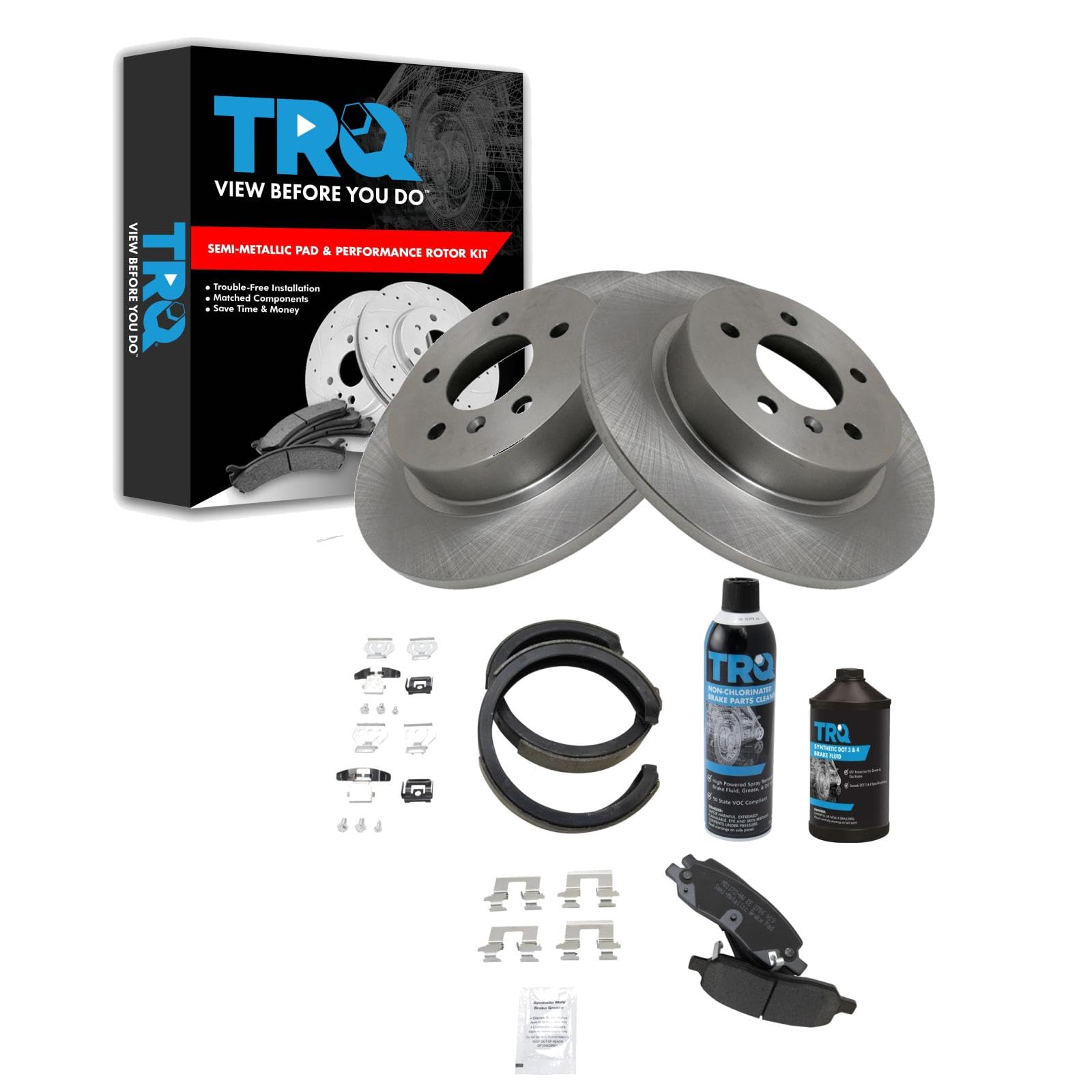 TRQ Rear Brake Pad &amp; Rotor Kit, with Chemical Kit Parking Brake Shoe Set Semi-Metallic Compatible with 2006-2010 Cadillac DTS