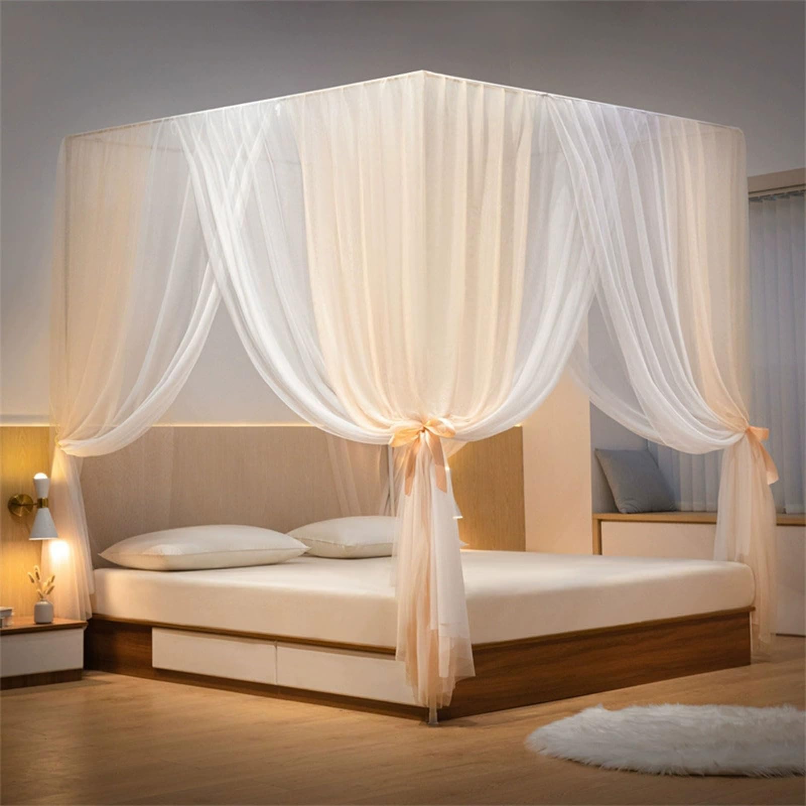 Europäisch Moskitonetz Bett mit 3 Eingang Polyester Feinmaschiges und Metall Halterung Zuhause Moskitonetze für 150cm/180cm Bett Mückennetz Inkl Kabelbinder Türvorhangschnalle und Seilschnalle