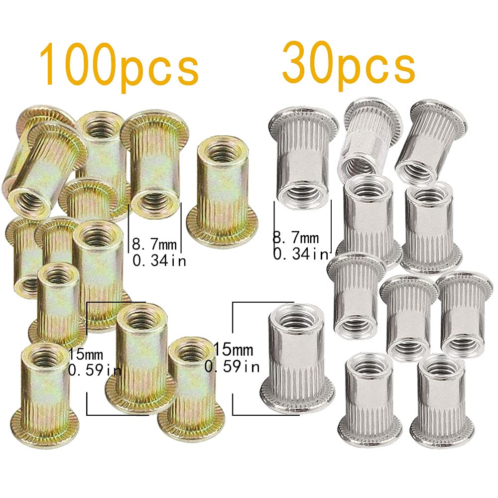 (130Pcs) Rivet Nuts,1/4''-20 UNC Flat Head Rivnuts Nutsert Threaded Insert Nut,Zinc Plated Carbon Steel Rivet Nut,Stainless Steel Rivet Nuts(2 Styles)