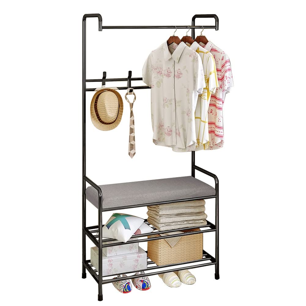 Porte-Manteau avec Banc à Chaussures à 2 Niveaux et Étagère de Rangement pour Entrée