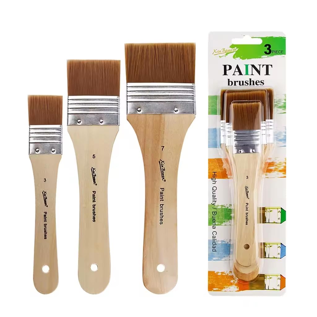 Xin-Bowen Style Wooden Handle Paint Brush 3Piece Set, Nylon, Bristle & Flat Brush For Painting, Acrylic, Wall Paint