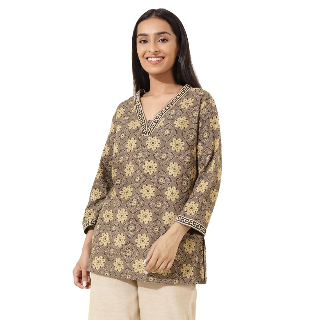 Fabindia Women's Cotton Printed Slim Kurta (1037347Grey- Grey-Mustard