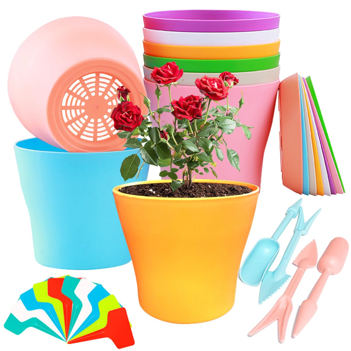 24 macetas de plástico de 14 cm de colores para interiores, XingyLi 8 macetas pequeñas redondas con posavasos, macetas de semillas de colores con 12 etiquetas para plantas y 4 herramientas de
