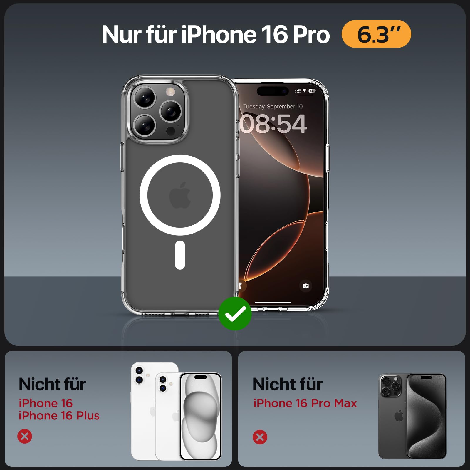 Miracase Magnetisch für iPhone 16 Pro Hülle für Magsafe[mit 2 Schutzglas] Militärschutz Stoßfest Kratzfest Anti-Fingerabdruck Samtige Touch Dünn Handyhülle für iPhone 16 Pro 6,3 Zoll,Transparent